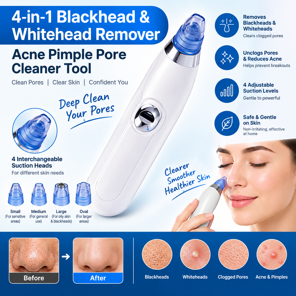 4-in-1 Blackhead & Whitehead Remover product features infographic