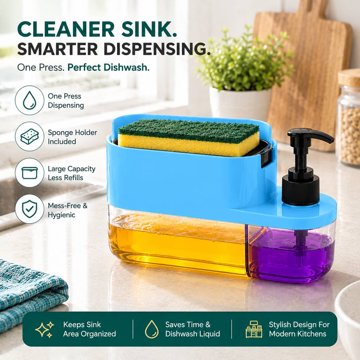3-in-1 Kitchen Soap Dispenser
& Sponge Holder