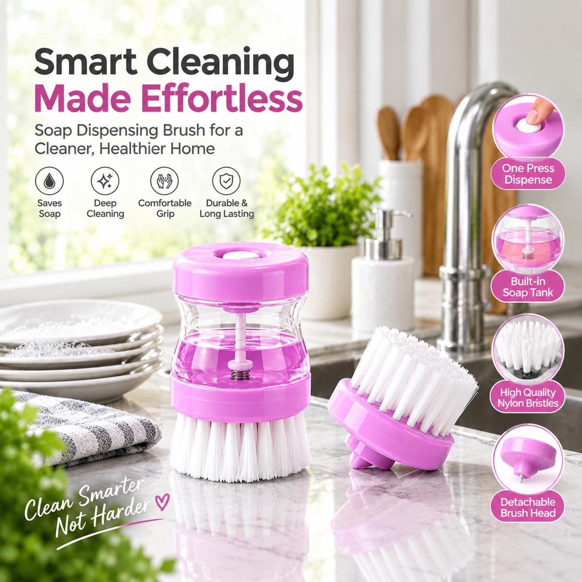 Soap Dispensing Dishwashing Brush | Kitchen Scrubber