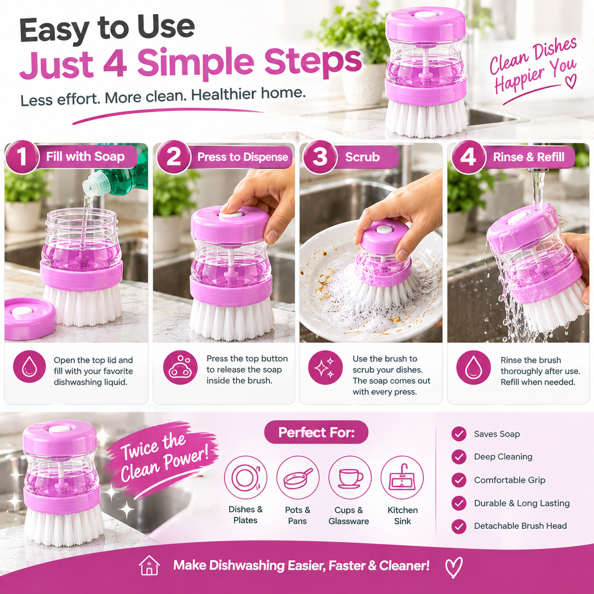 Soap Dispensing Dishwashing Brush | Kitchen Scrubber