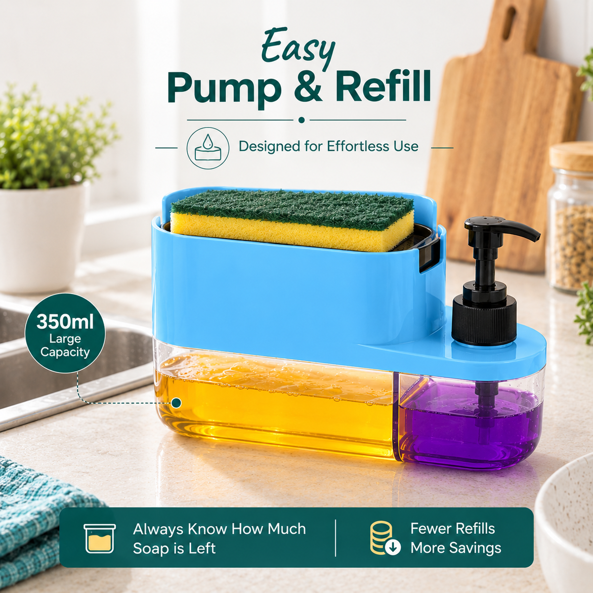 3-in-1 Kitchen Soap Dispenser
& Sponge Holder