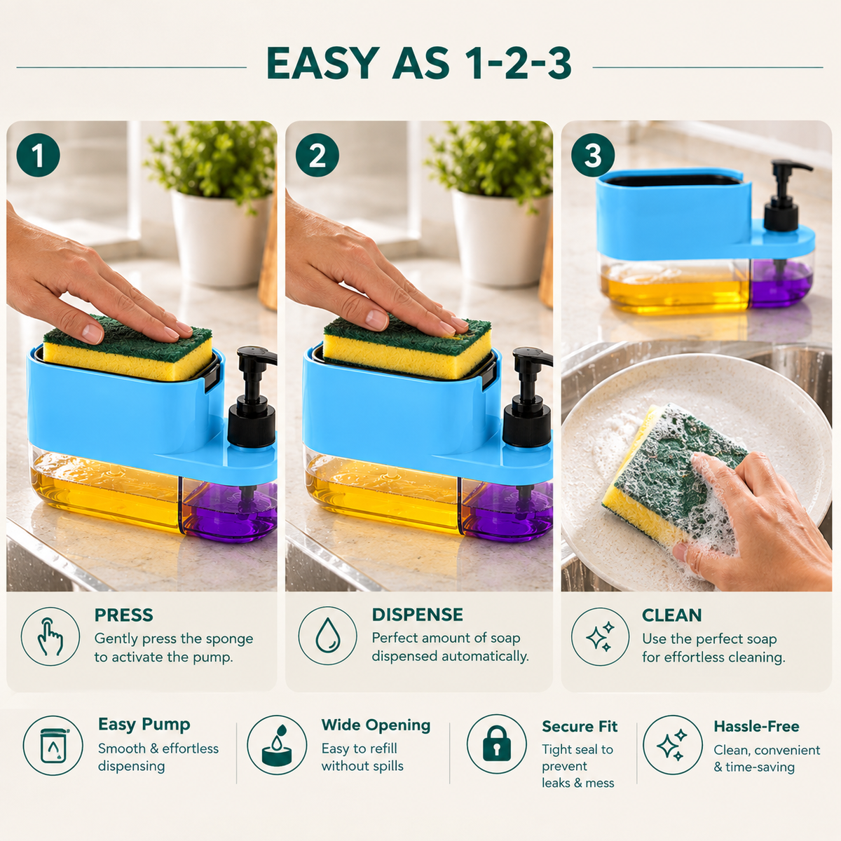 3-in-1 Kitchen Soap Dispenser
& Sponge Holder